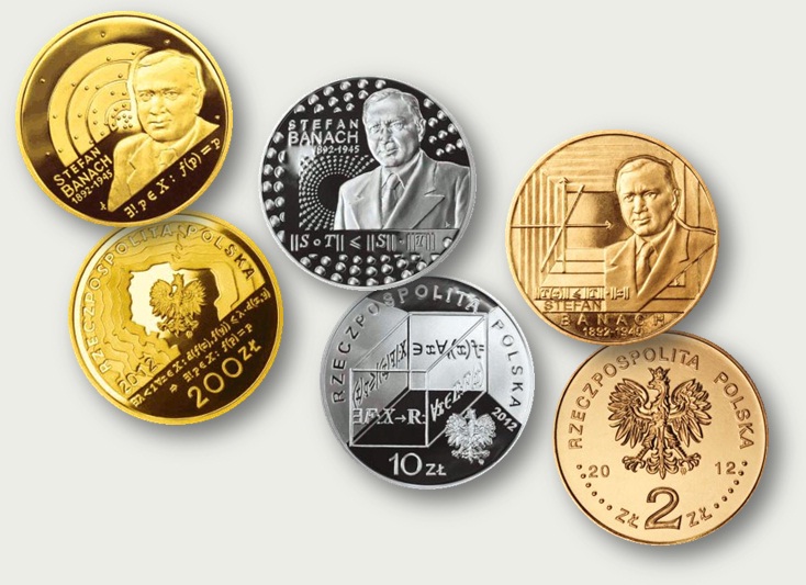 Монеты национального банка Польши, выпущенные 3 апреля 2012 года к 120-летию Стефана Банаха. Золотая номиналом 200 злотых, серебряная – 10 злотых, из монетного сплава – 2 злотых