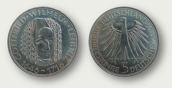 Монета номиналом 5 марок к 250-летию смерти Г.В. Лейбница, 1966 год