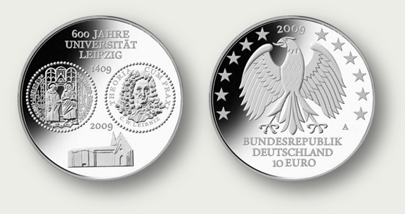 Серебряная монета Банка Германии с портретом Г.В. Лейбница, 2009 год