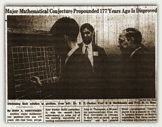 Фото из статьи в газете New York Times от 26 апреля 1959 об исторической работе  Е.Т. Паркера, С.С. Шрикханде и Р.С. Боуза